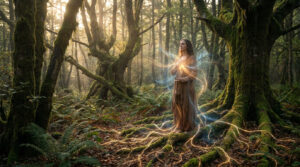 Une femme en méditation dans une forêt, entourée de faisceaux lumineux reliant son corps aux racines des arbres.