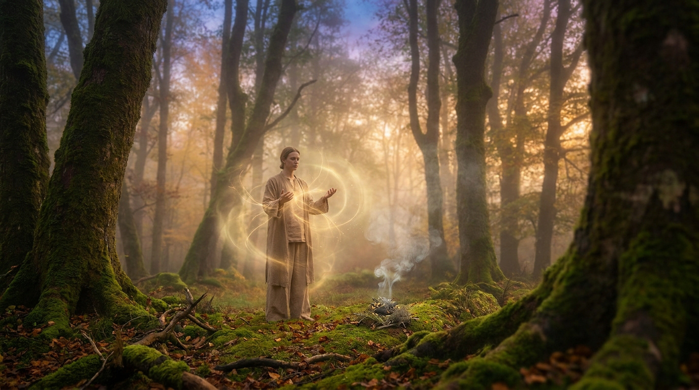 Une personne en vêtements beiges pratique un rituel chamanique dans une forêt brumeuse avec une aura dorée.