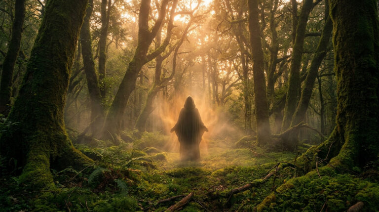 Une silhouette encapuchonnée rayonnante dans une forêt mystique baignée de lumière dorée.