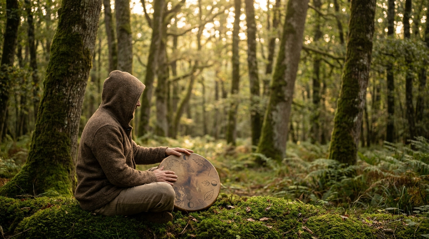 Un homme en sweat à capuche joue d'un tambour chamanique décoré assis sur de la mousse dans une forêt ensoleillée.