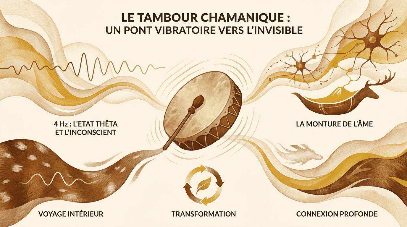 Tambour chamanique traditionnel en bois et peau animale pour le voyage spirituel