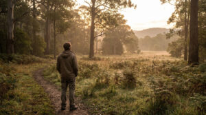 Homme seul debout sur un sentier en forêt, contemplant une clairière brumeuse au lever du soleil.