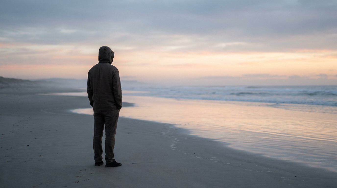 Une personne solitaire en capuche regarde l'horizon sur une plage au coucher du soleil.