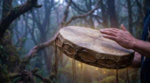 Mains jouant d'un tambour chamanique en peau avec des reflets lumineux dans une forêt brumeuse.