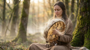 Une femme en tenue traditionnelle joue d'un tambour chamanique dans une forêt lumineuse, entourée d'une aura de lumière.