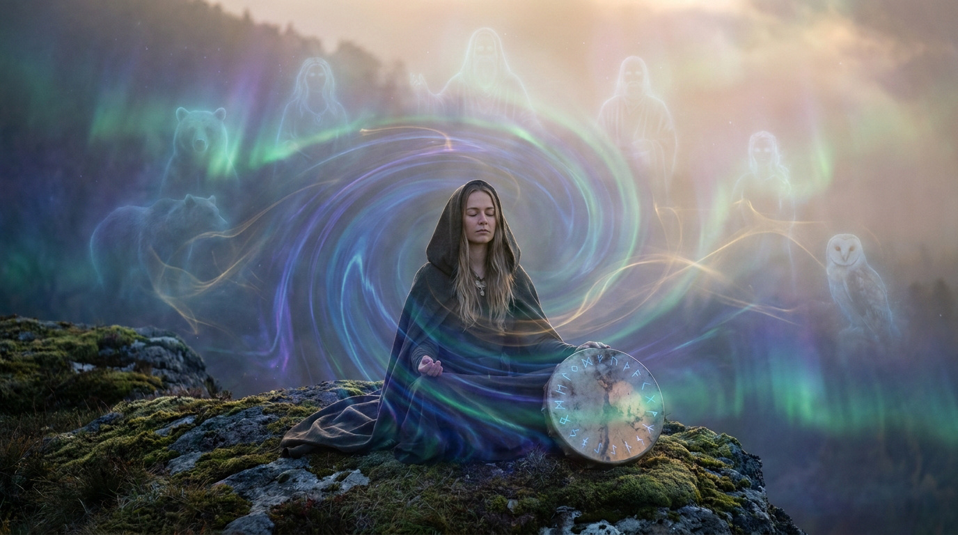 Une femme en méditation avec un tambour chamanique, entourée d'esprits translucides et d'aurores boréales.
