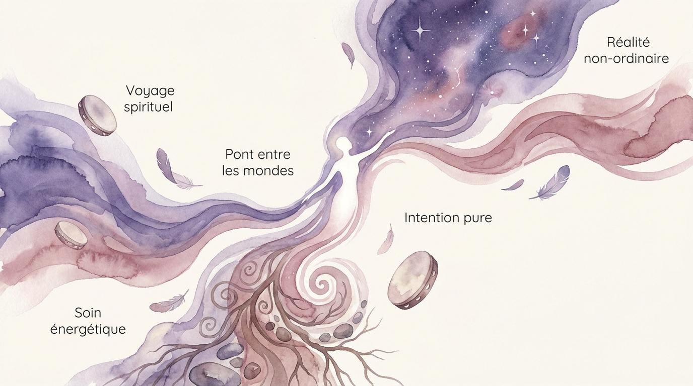 Représentation symbolique d'un voyage chamanique entre les mondes visibles et invisibles